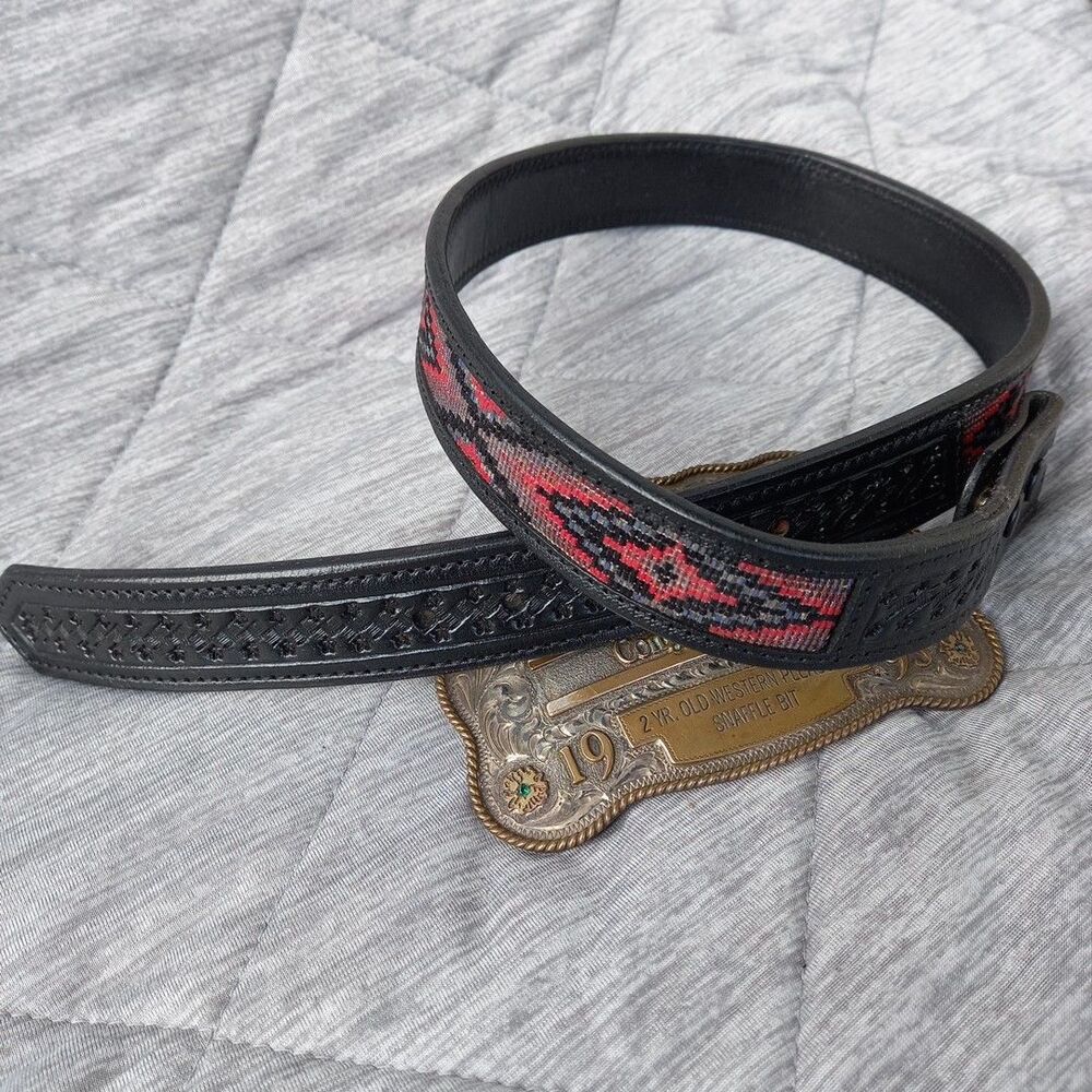 Custom Made Western Beaded Black Leather Belt Cowgirl Rodeo